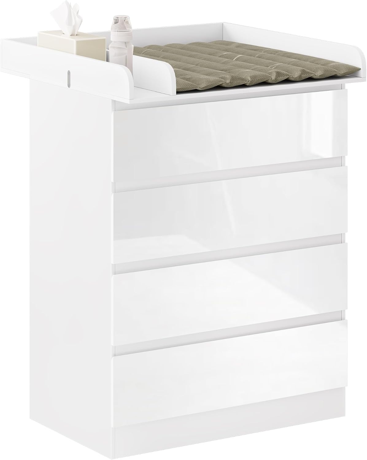 WOLTU Wikkelcommode met afneembaar aankleedkussen, babycommode met 4 laden, hoogte 110 cm, wit + hoogglans wit