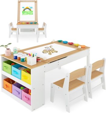 COSTWAY Kindertafel met 2 stoelen, 3-in-1 activiteitstafel en schildersezel van hout met optilbaar tafelblad met gekleurde bekers, 6 stoffen containers en papierrol, kinderzitgroep voor vanaf 3 jaar,