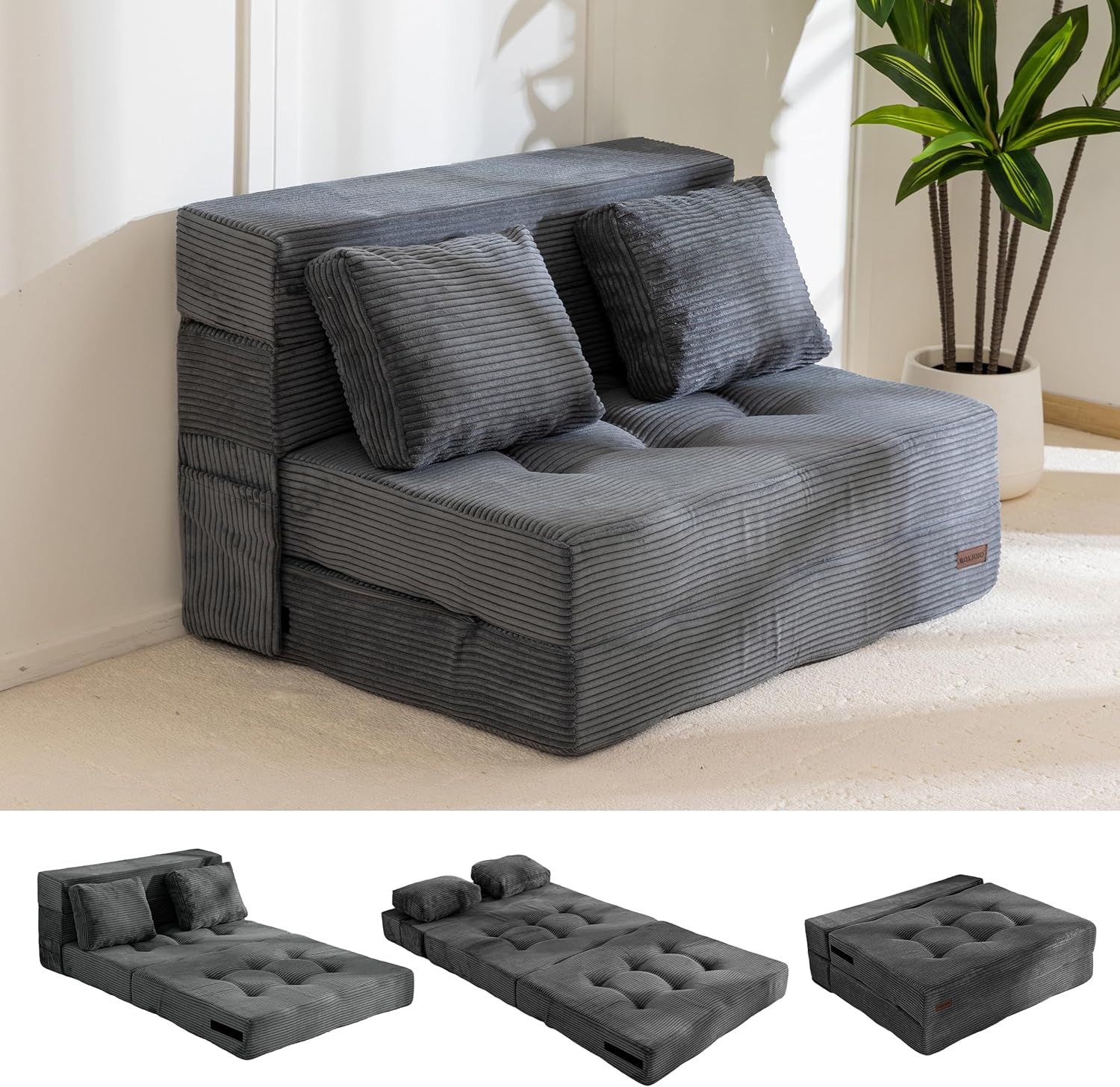 MAXYOYO Opvouwbare schuim slaapbank, drievoudig opvouwbaar matras met 2 kussens, omvormbare slaapbank, futonbed met 15 cm dun schuim, draagbare 3-in-1 vloerbank
