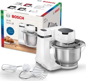 Bosch MUM Serie 2 keukenmachine, 700 watt, 4 snelheidsstanden, roestvrij stalen kom van 3,8 l, garde, roerstaaf en kneedhaak, MUMS2EW00, wit