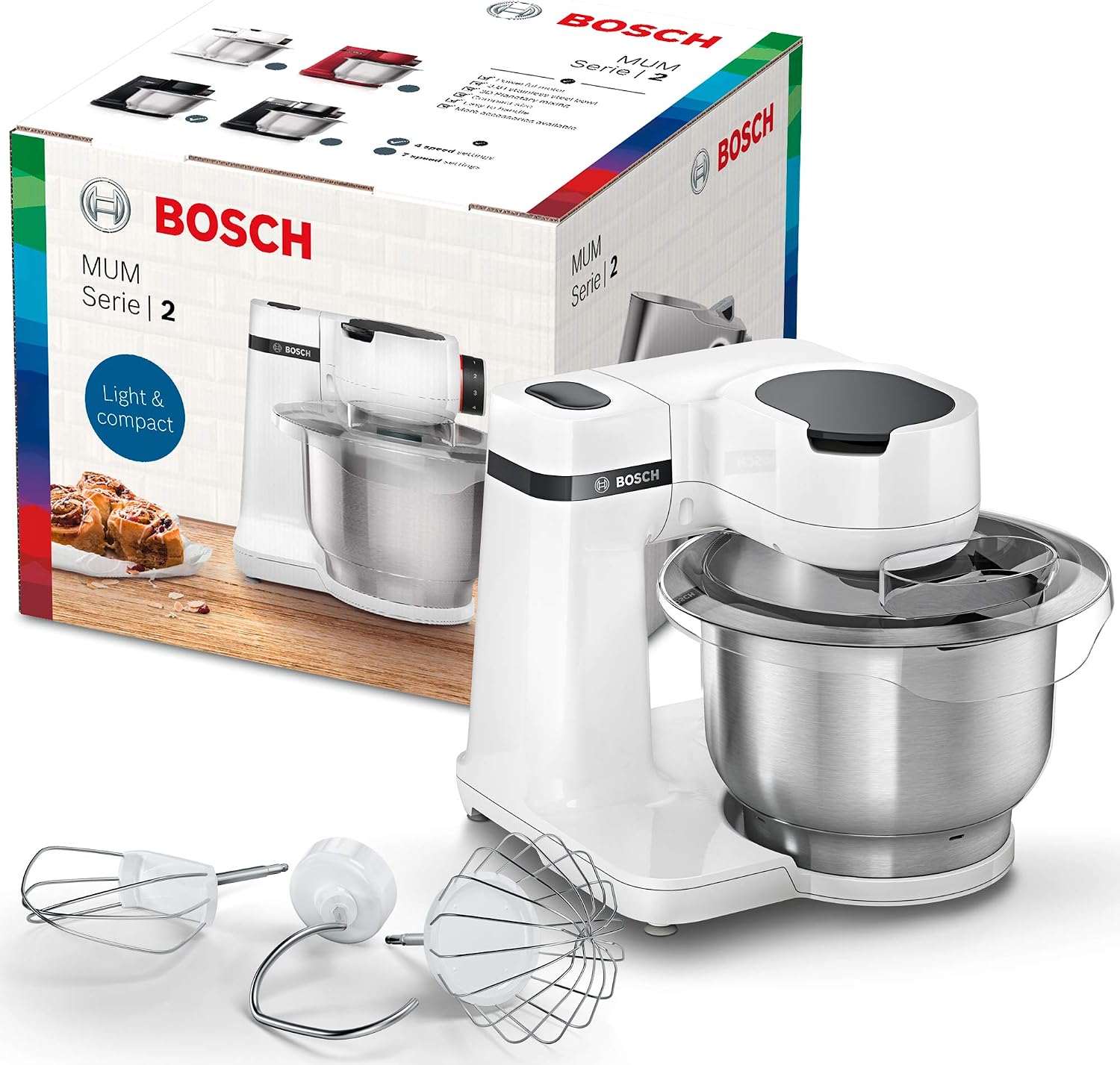 Bosch MUM Serie 2 keukenmachine, 700 watt, 4 snelheidsstanden, roestvrij stalen kom van 3,8 l, garde, roerstaaf en kneedhaak, MUMS2EW00, wit