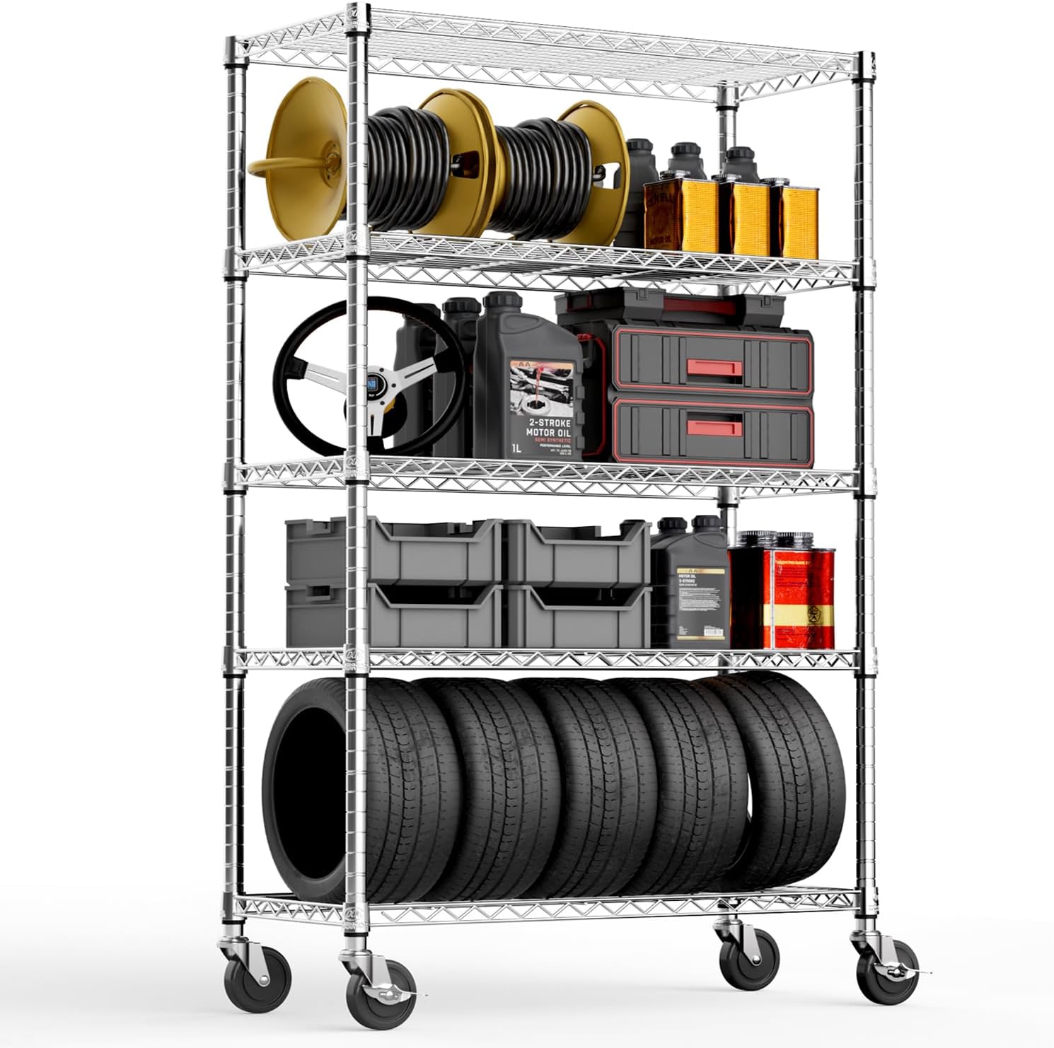 M MZG Verrijdbaar Metalen Opbergrek, 5-Laags Stellingkast op Wielen met Verstelbare Planken, Draadrek voor Garage, Werkplaats en Berging, 794,5 kg Draagvermogen, 45×120×192, Chroom