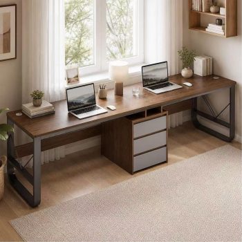 Modern dubbel bureau met opberglades, brede houten 2-persoons studie-, game- en computertafel voor thuis of op kantoor dark brown,200cm