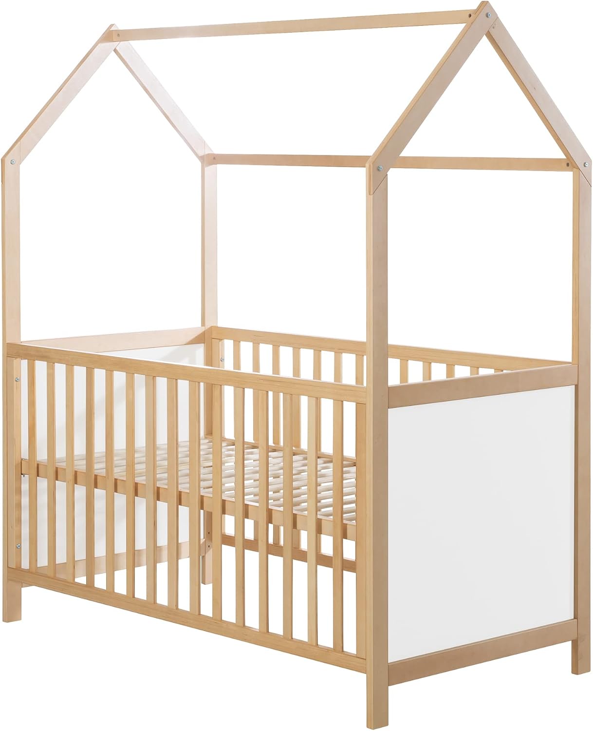 roba Huisbed 70 x 140 cm, FSC-gecertificeerd, combi-kinderbed in huislook, natuur, 3-voudig verstelbaar, schuifstaven, ombouwbaar tot juniorbed