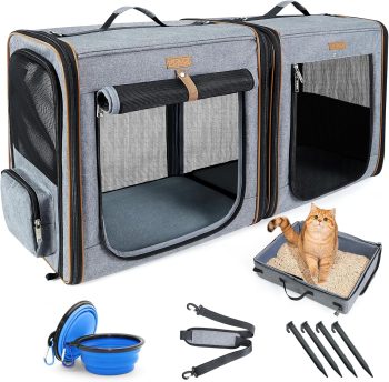 Lekeinchi 2-in-1 hondenbox, transportbox voor middelgrote huisdieren, opvouwbare kattentransportbox met sterk vezelframe, kattentoilet, 2 schalen, 2 huisdiermat, groot, grijs (XL)