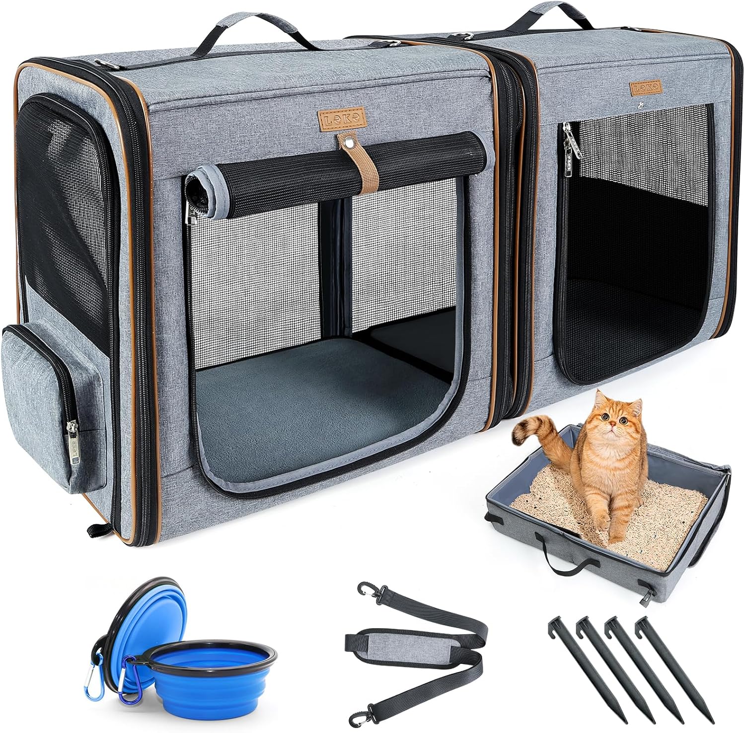 Lekeinchi 2-in-1 hondenbox, transportbox voor middelgrote huisdieren, opvouwbare kattentransportbox met sterk vezelframe, kattentoilet, 2 schalen, 2 huisdiermat, groot, grijs (XL)