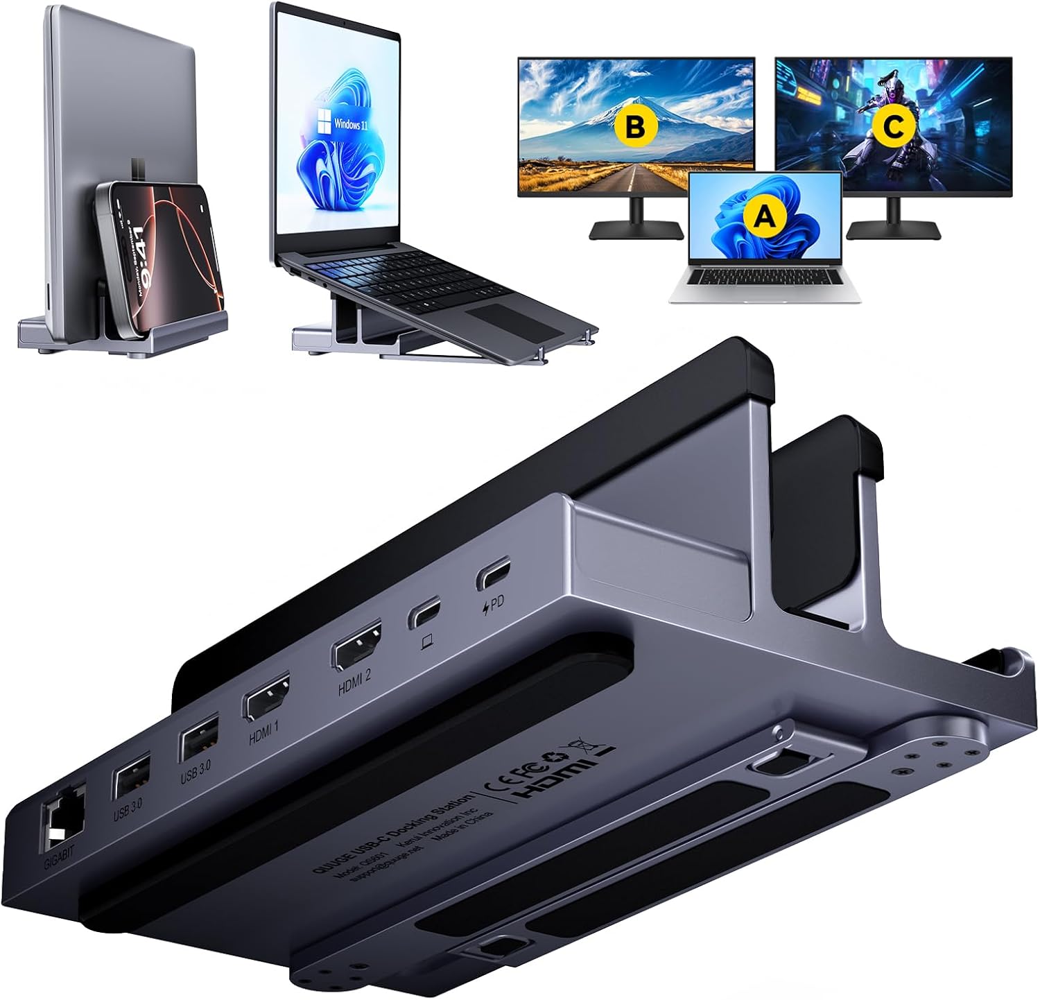 Docking Station Dubbele Monitor: QUUGE 7-in-1 USB C Dock Stand met Dual HDMI (4K120Hz + 60Hz), Gigabit Ethernet, 2xUSB3.0, 100W PD & Laptop Stand, Macbook Docking Station USB C voor MacBook Air/Pro