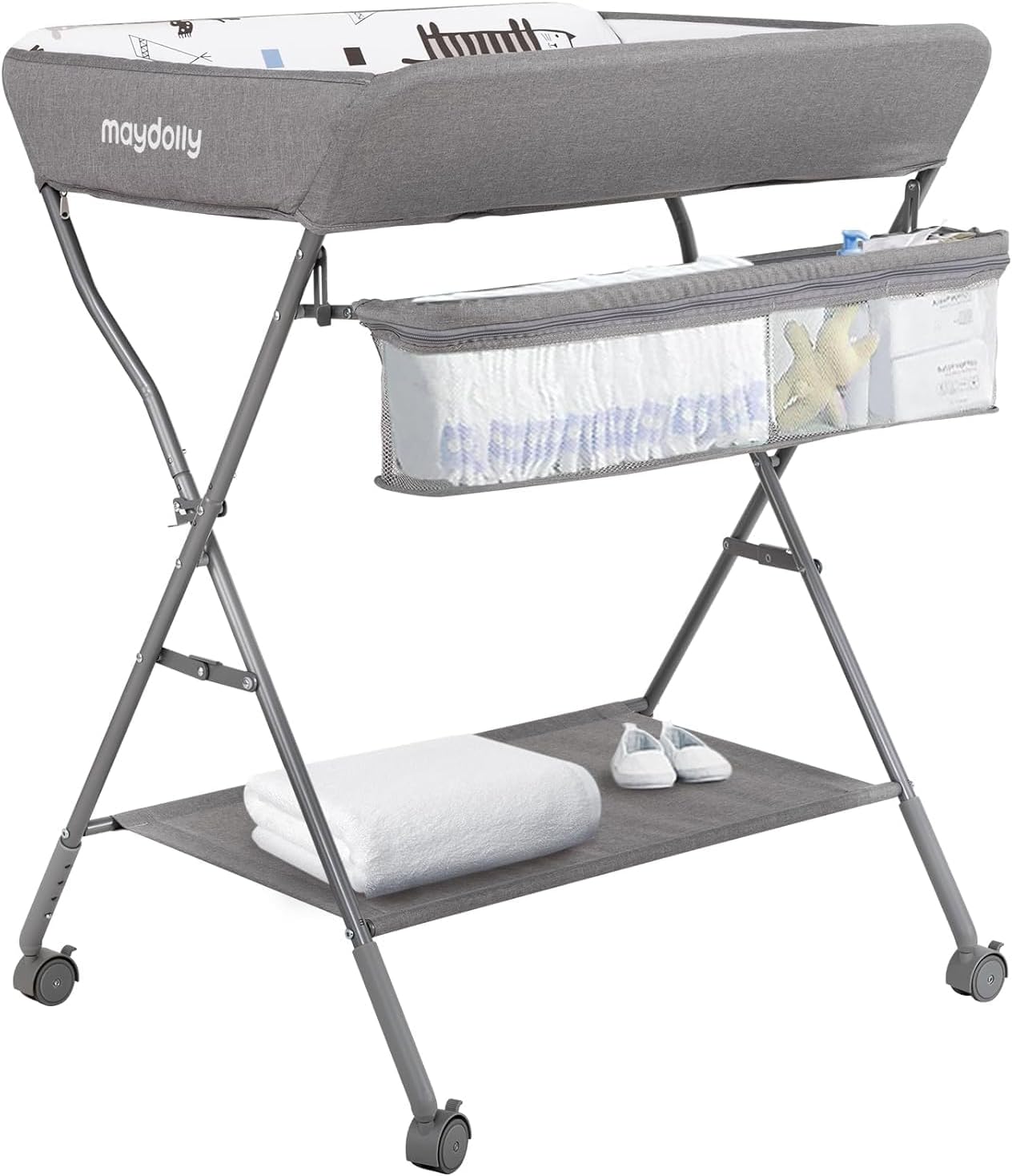 Maydolly Baby opklapbare commode, mobiele luiertafel met wielen en aankleedkussen, waterdicht en in hoogte verstelbaar, baby luiercombi met opbergvakken (lichtgrijs)