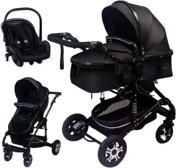 GaGaDumi Florida Kinderwagen 3 in 1 – Complete Set met Autostoeltje – TÜV – Combi Kinderwagen met Volrubberen Banden – Luiertas – Zwart/Zwart