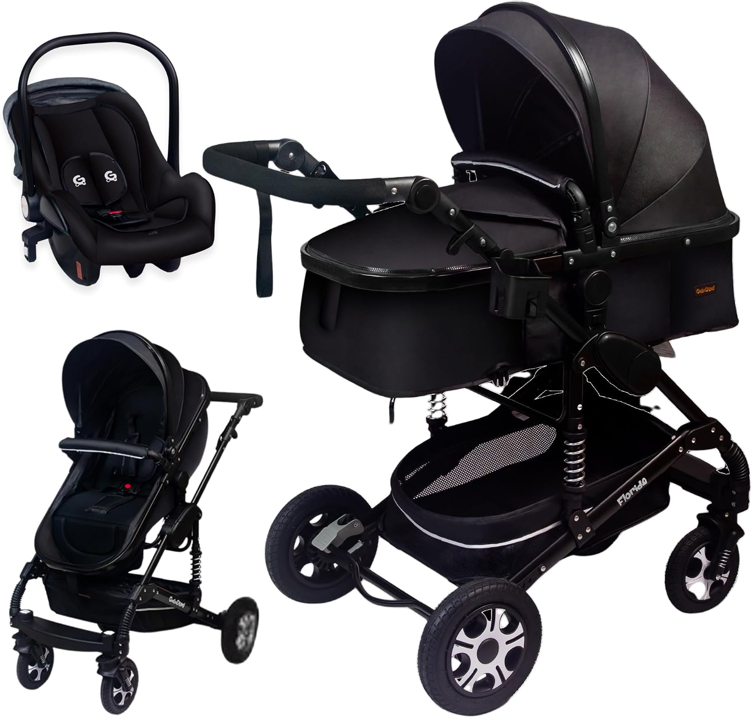 GaGaDumi Florida Kinderwagen 3 in 1 – Complete Set met Autostoeltje – TÜV – Combi Kinderwagen met Volrubberen Banden – Luiertas – Zwart/Zwart