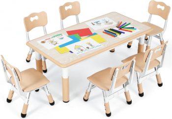 Kindertafel met 6 Stoelen, Kindertafelgroep in Hoogte Verstelbaar, Kindertafelstoelenset voor Kleuterschool en Kinderkamer, Kunststof Kindermeubilair, Zitgroep voor Jongens Meisjes vanaf 2 jaar, Geel