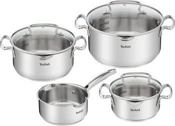 Tefal Duetto Set 7-delig: 3 kookpannen 16/20/24 cm, 1 steelpan 16 cm, 3 deksels, roestvrij staal, 3 glazen deksels, maatmarkeringen, alle warmtebronnen geschikt voor oven en vaatwasser