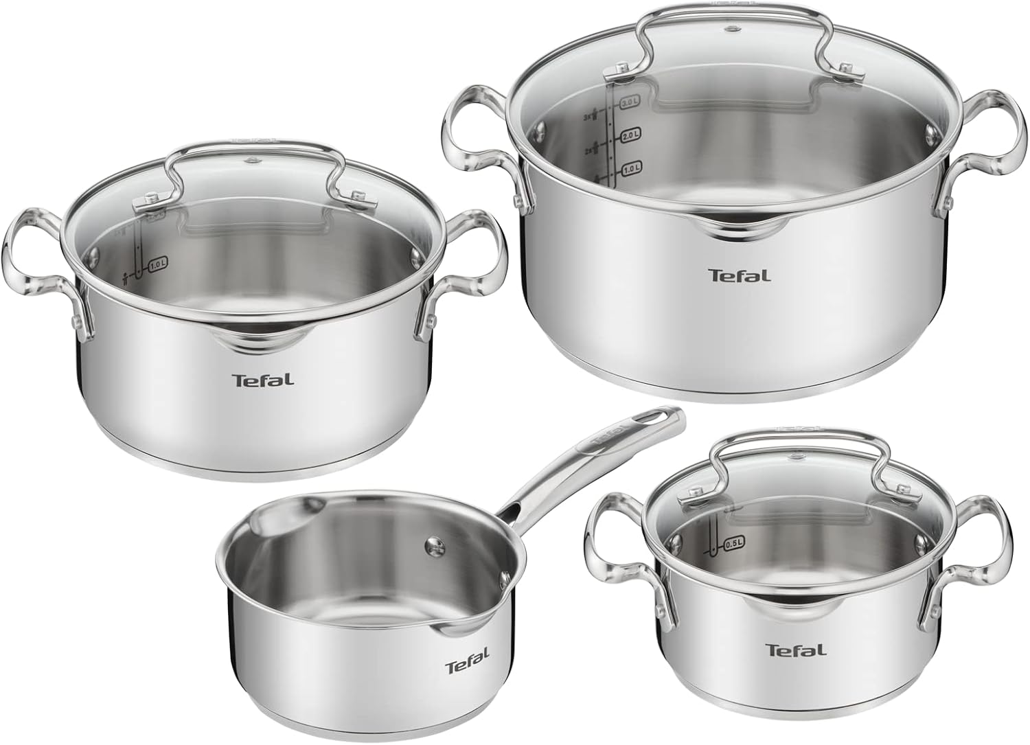 Tefal Duetto Set 7-delig: 3 kookpannen 16/20/24 cm, 1 steelpan 16 cm, 3 deksels, roestvrij staal, 3 glazen deksels, maatmarkeringen, alle warmtebronnen geschikt voor oven en vaatwasser
