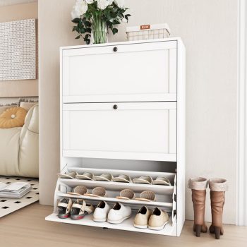 VOWNER Smalle Schoenenkast met 3 Klepdeuren, Ruimtebesparende Houten Schoenenkipper voor Dunne Gang en Hal, Wit Gangmeubel met Kantelbare Vakken, 80 x 30 x 117 cm