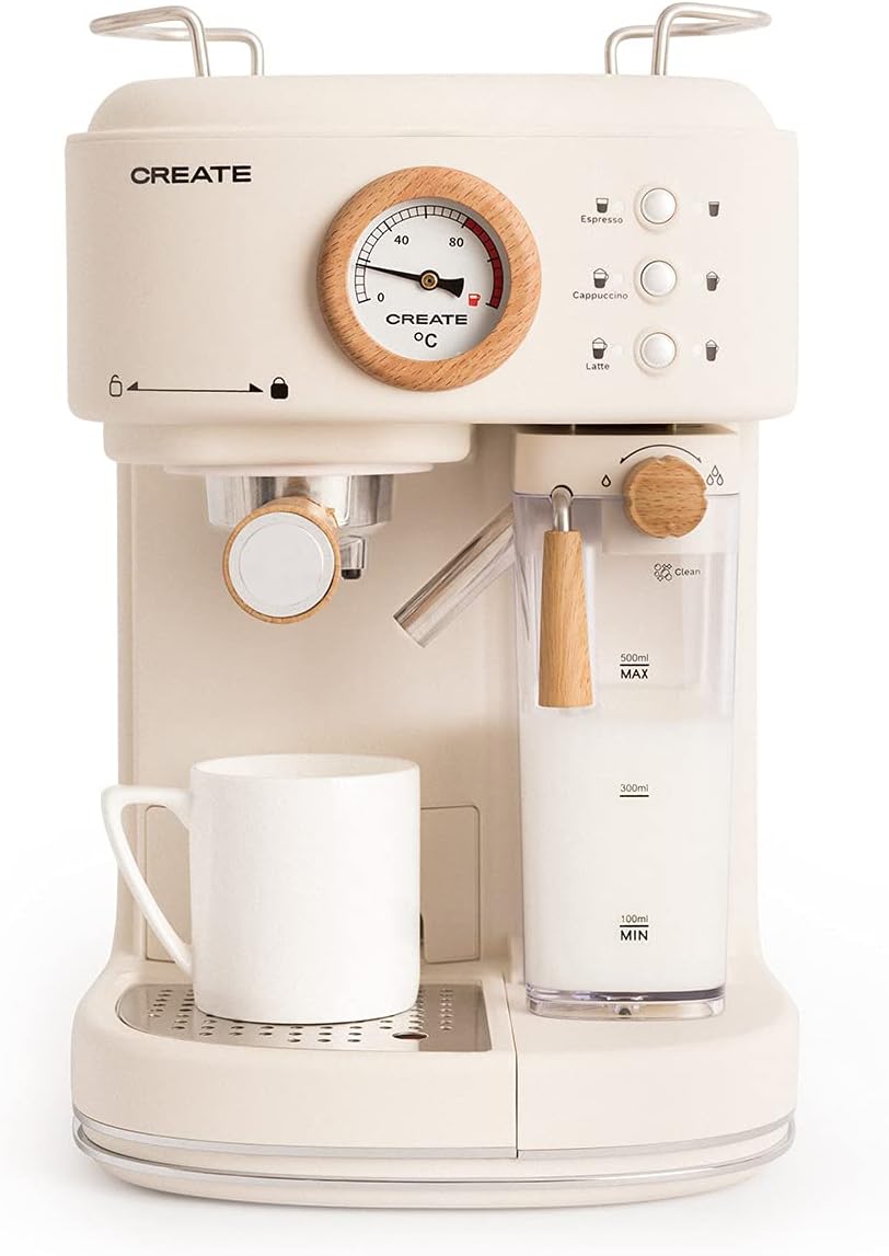 CREATE /THERA MATT PRO / Halfautomatische Espressomachine crèmekleurig, 20 Bar, Espresso, Latte of Cappuccino, Afneembaar Waterreservoir van 1,5 L, Verwijderbaar Melk- en Waterreservoir