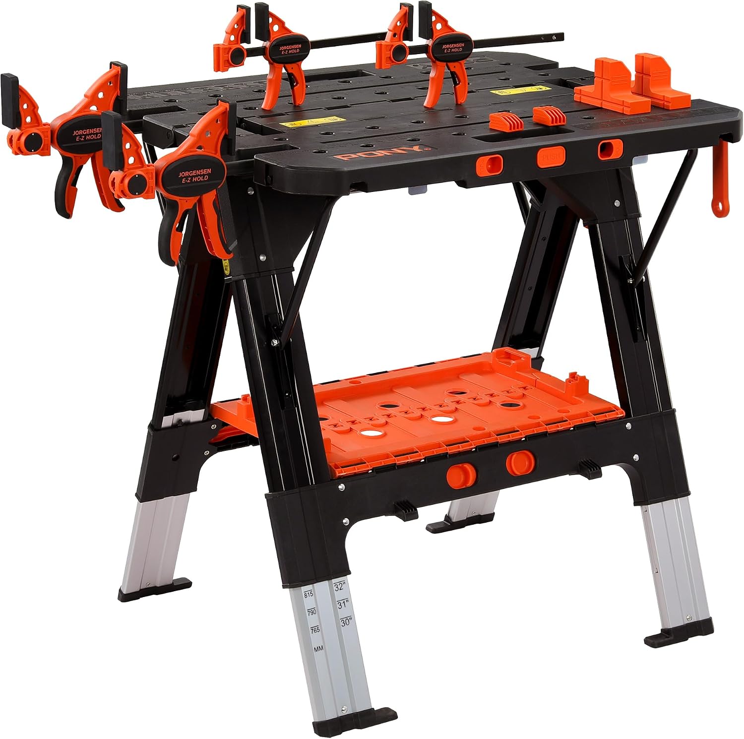 PONY 2-in-1 opvouwbare werkbank, 227 kg werkbank & 454 kg zaagpaard, 6 verstelbare hoogte draagbare werktafel 4 snelklemmen, 4 klemmen honden & gereedschapsbak, 79 x 89 x 63,5 cm