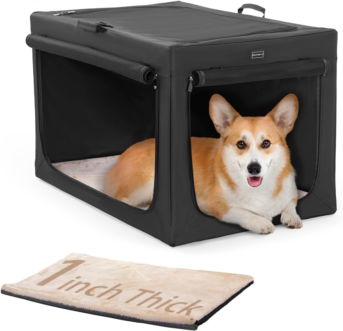 Petsfit Opvouwbare hondenbench met dikke mat, verstelbare stoffen hoes voor een perfecte pasvorm, ademende gaasdeuren, draagbare hondenbench, 76 x 50 x 49 cm (l x b x h), zwart