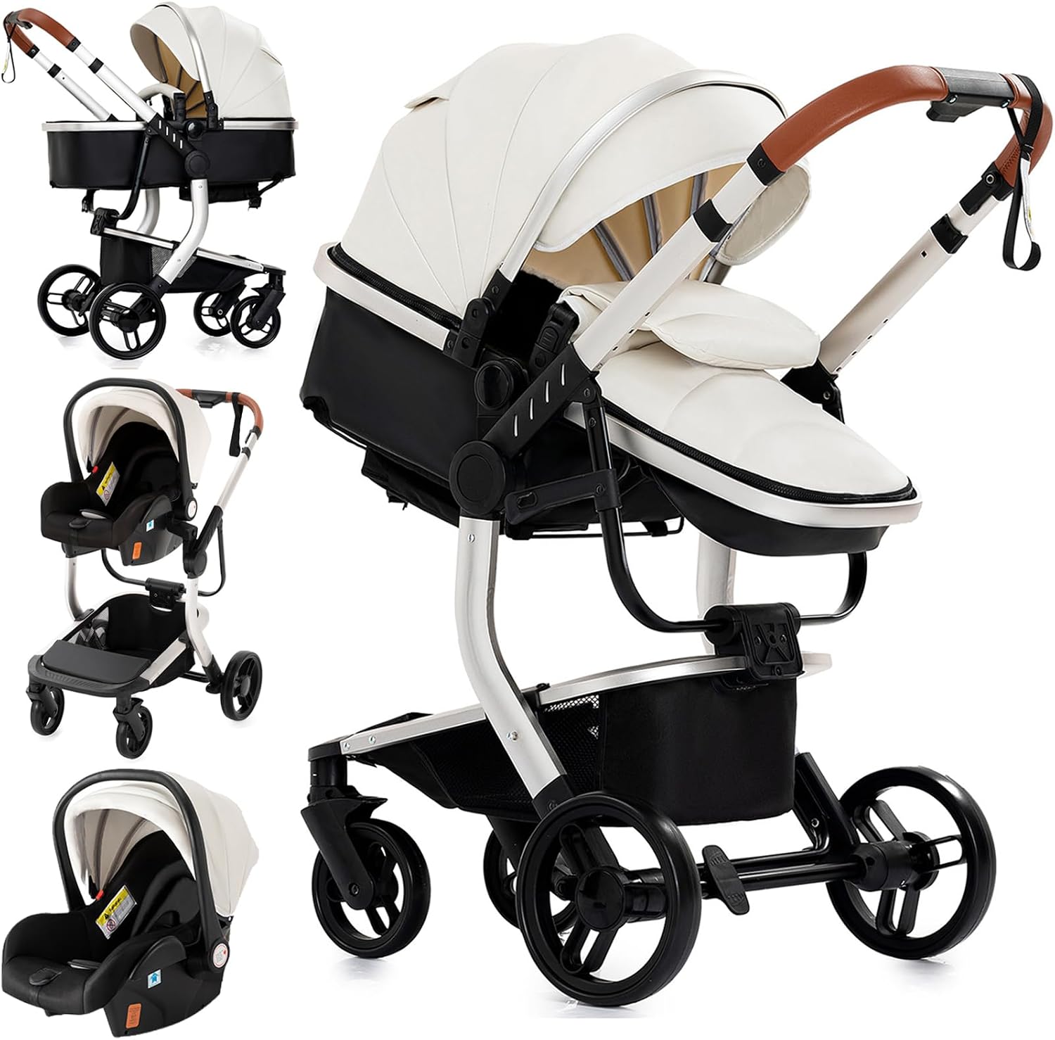 MoLi PU lederen 3-in-1 kinderwagen, kinderwagen, reissysteem 3-in-1 met omkeerbare twee duwmodi, pasgeboren baby buggy met één klik vouwen, peuterwagen aluminium frame (518 wit)