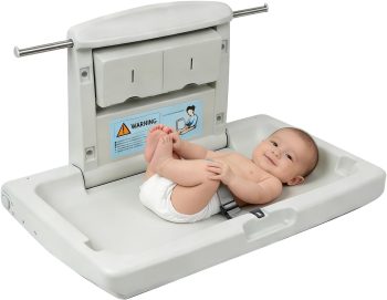Wandmontage Commerciële Baby Verschoonstation, Opvouwbare Luier Wisseltafel voor Openbare Badkamer met Verstelbare Veiligheidsriem, Dual Side Haken & Opvouwbare Opbergdozen