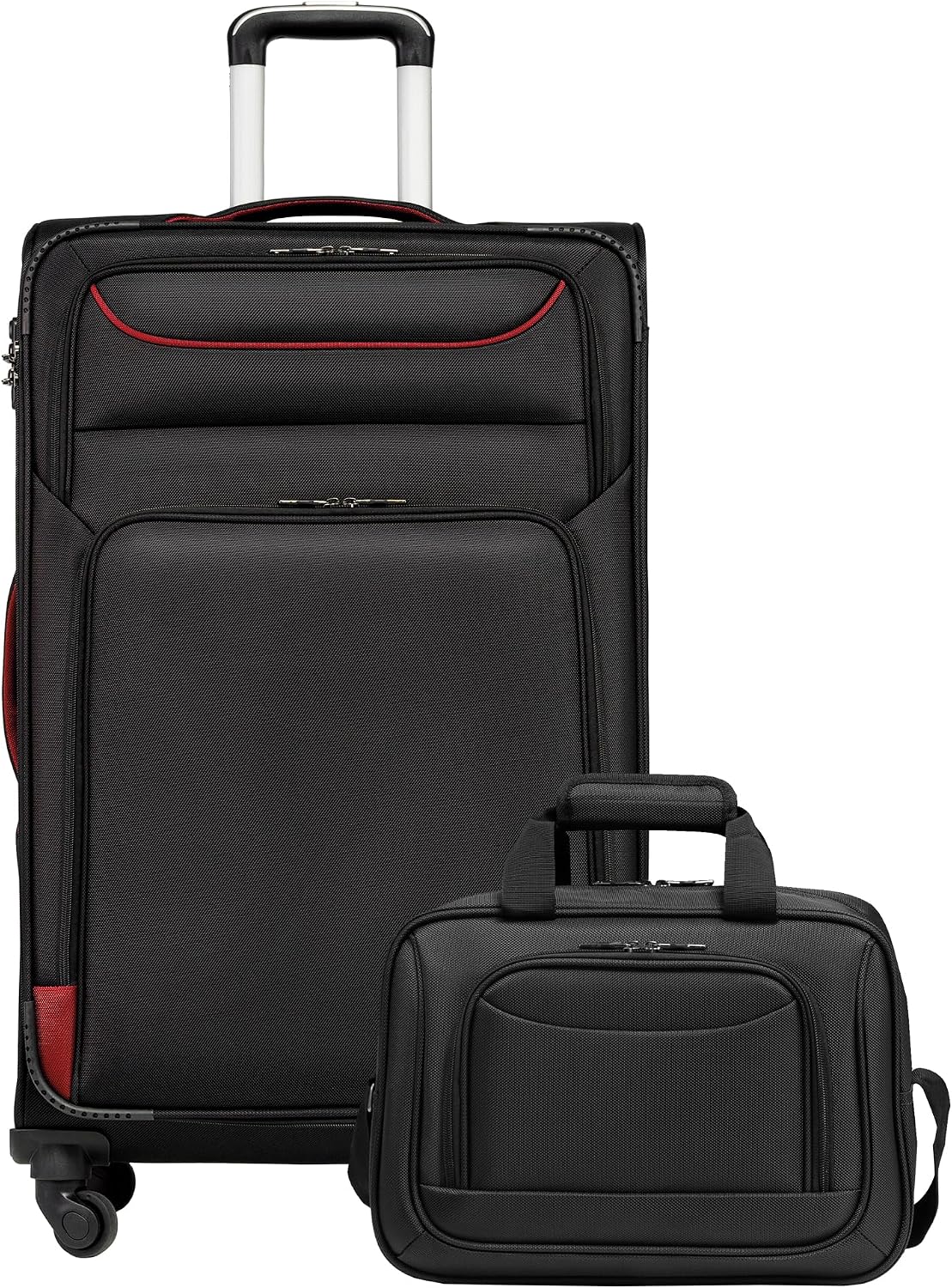 COOLIFEKoffer trolley reiskoffer met 4 wielen, stoffen handbagage, TSA-slot, bevat 1 grote schoudertas, zwart+rood, Großer Koffer-Set 2tlg