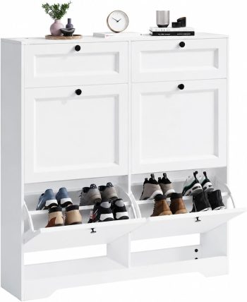 Xbro Smalle schoenenkast voor de entree, schoenenkast van hout, 4 kleppen en 2 laden, 10 paar schoenen, schoenenkast voor hal en woonkamer, afmetingen 95 x 25 x 102 cm, wit