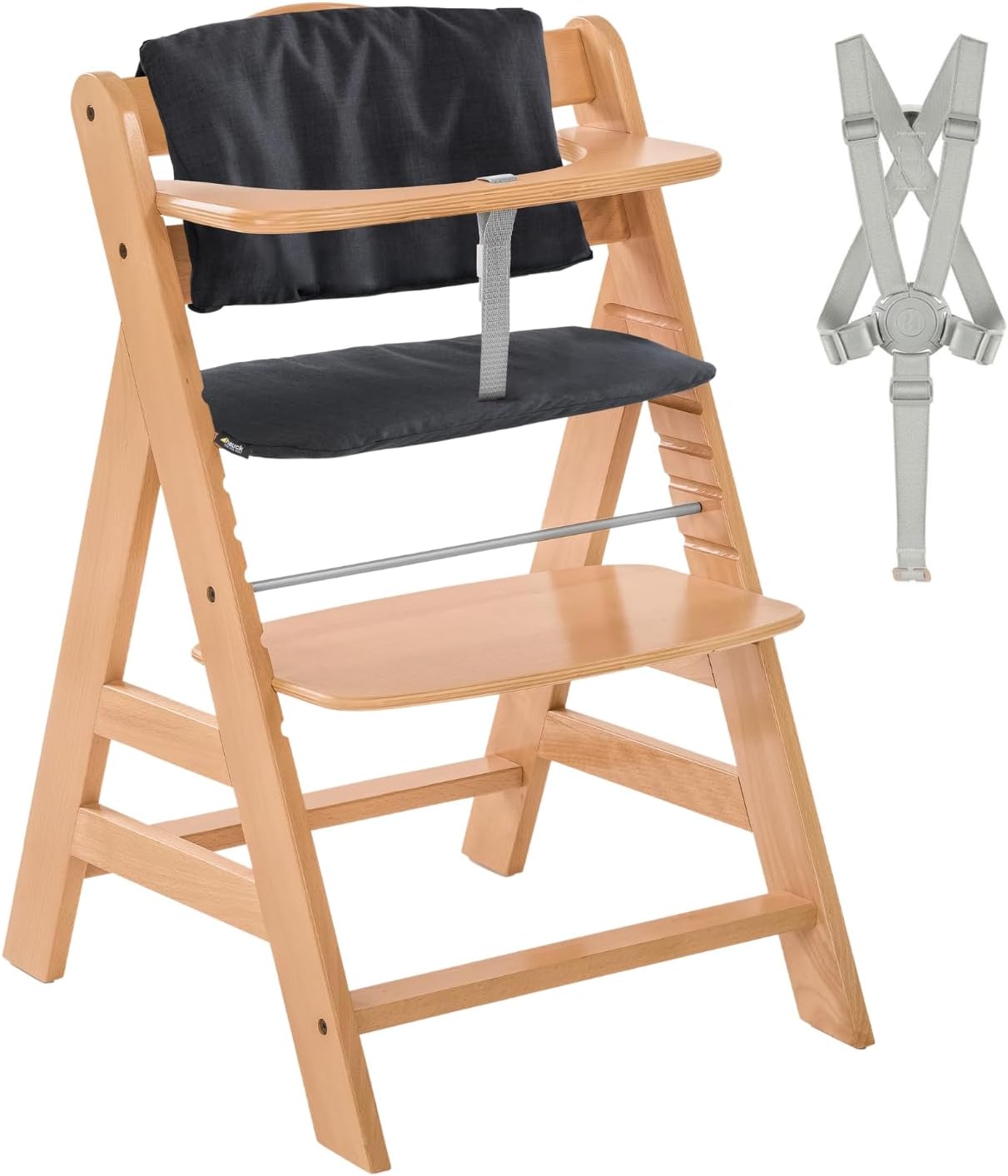 hauck Kinderstoel Alpha Plus - Houten Meegroeistoel incl. Gordel en Premium Stoelverkleiner - Hout/Melange Charcoal