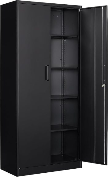 Sightlife Stalen Opbergkast, Stalen Archiefkast met Slot, 4 Verstelbare Planken, Dubbele Deuren, Multifunctionele Gereedschapskast voor Studiekamer, Garage, Zwart