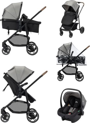 Bebeconfort Haze Trio Lux, 3 in 1 Kinderwagen Set Met Autostoeltje (i-Size), 0-4 jaar (max. 22 kg), 2-in-1-Zitting, Vlakke Ligstand, Compact Inklapbaar, Lichtgewicht Combi Wandelwagen, Tinted Grey