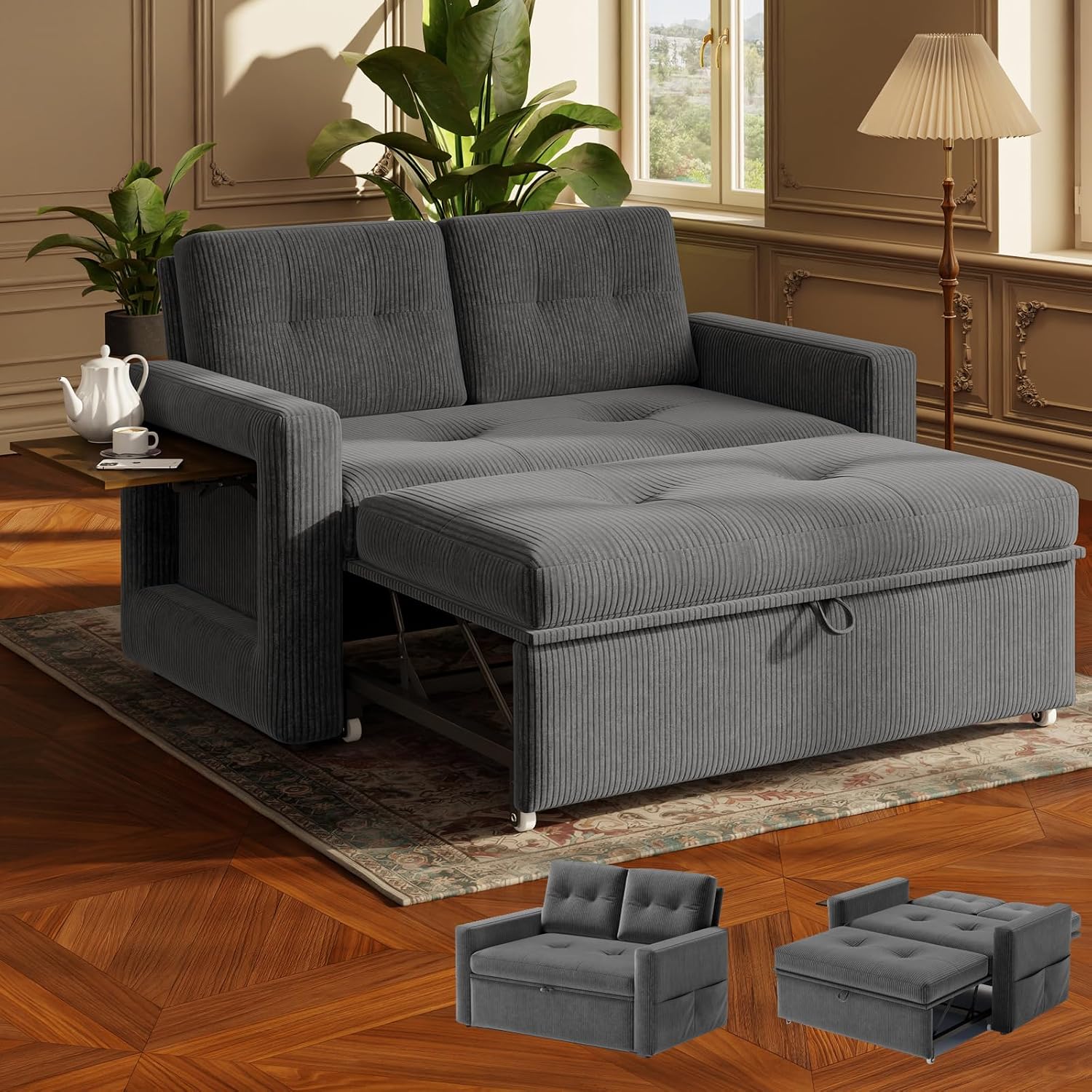 YOUDENOVA 3-in-1 slaapbank, fauteuil met loungefunctie, 2-zitsbank voor ontspanning met verstelbare rugleuning in 5 posities, met tafel en zijzakken, grijs corduroy
