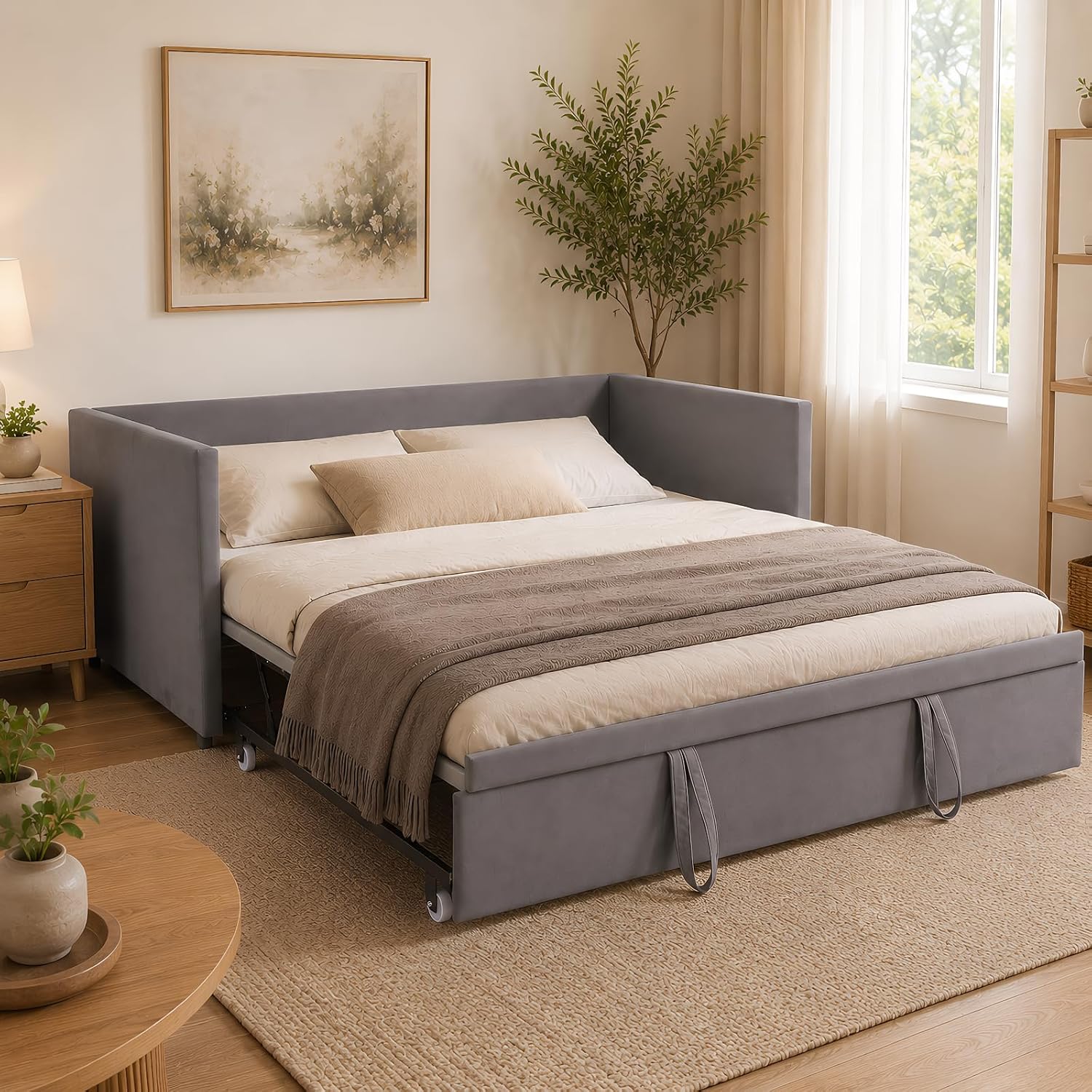 Gewatteerd bed, uittrekbare slaapbank voor 2 personen, dagbed, uitschuifbed van dezelfde hoogte, slaapbank met lattenbodem en rugleuning, multifunctioneel bed, fluwelen stof, zonder matras (grijs, 90)