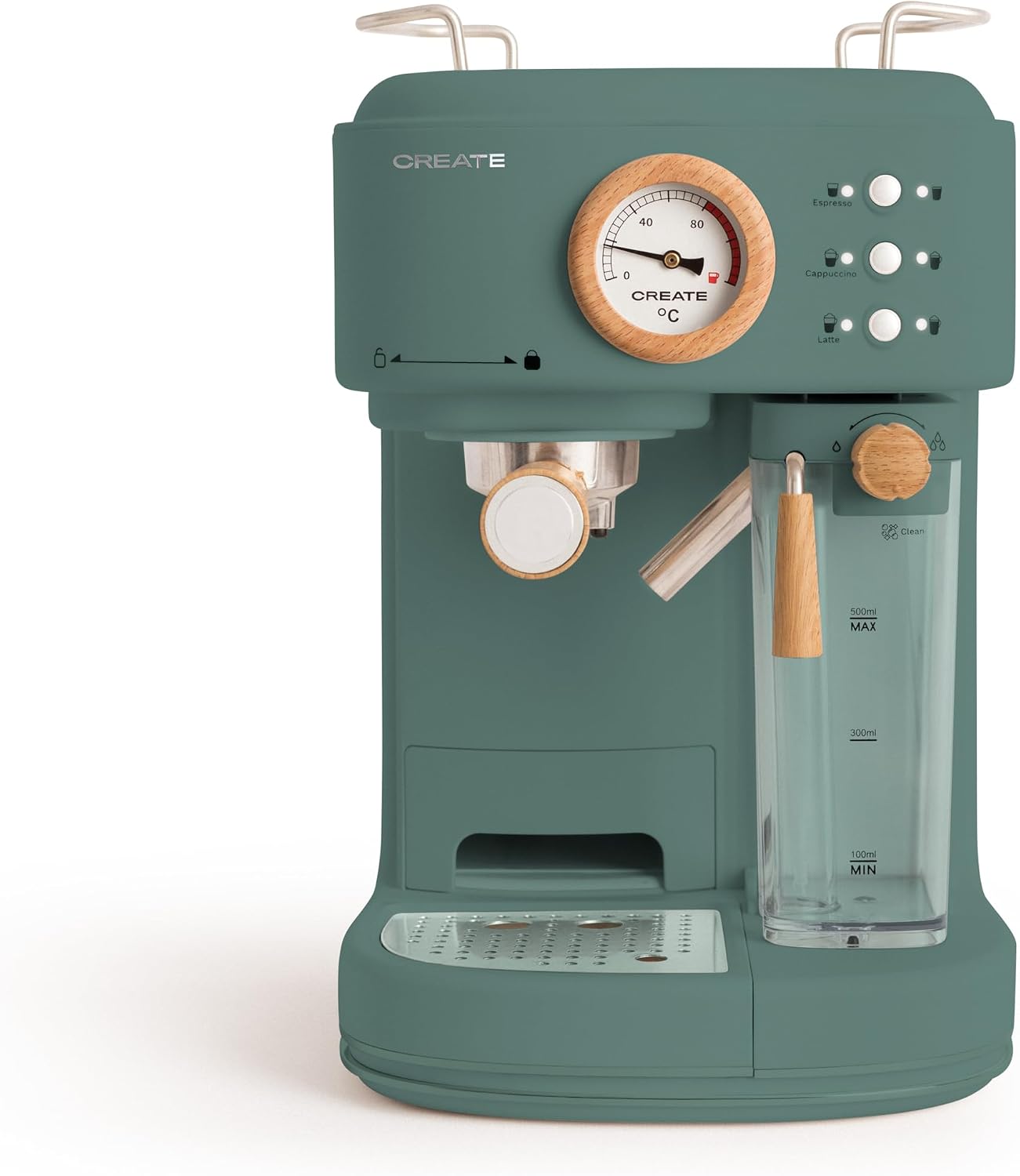 Create / Thera Retro Pro Halfautomatisch espressokoffiezetapparaat, groene salie, 20 bar, melktank, druppelbak, twee uitlopen, inhoud 1,5 l, voor gemalen koffie, 1250 W