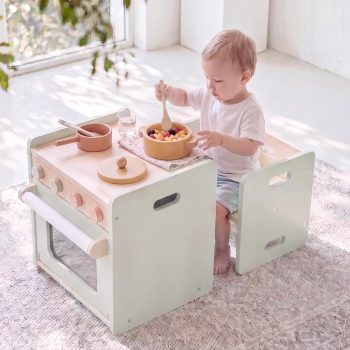 EDUBEBO Montessori-thema houten tafel- en stoelset voor peuters - Ovenvormig speelgoedmeubilair met uitklapbare deur, ideaal voor peuters van 1-5 jaar, veilig om aan te eten, te spelen en te lezen