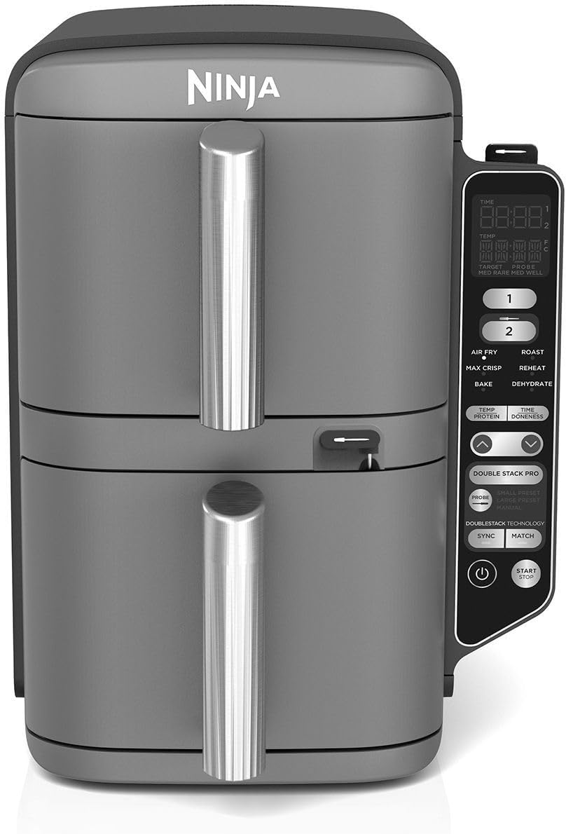 Ninja Double Stack XL Air Fryer Heteluchtfriteuse met digitale thermometer, 9,5 l airfryer, verticaal, vier kookstanden, 2 gaarstanden en 2 niveaus, 6 gaarfuncties, 8 porties, grijs SL451EU