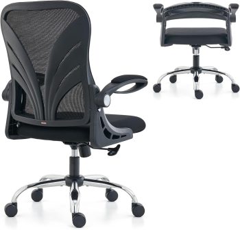 HOLLUDLE Ergonomische bureaustoel met opvouwbare rugleuning, computerbureaustoel met verbrede zitting (52 cm), opklapbare armleuningen, mesh lendensteun en kantelfunctie, zwart
