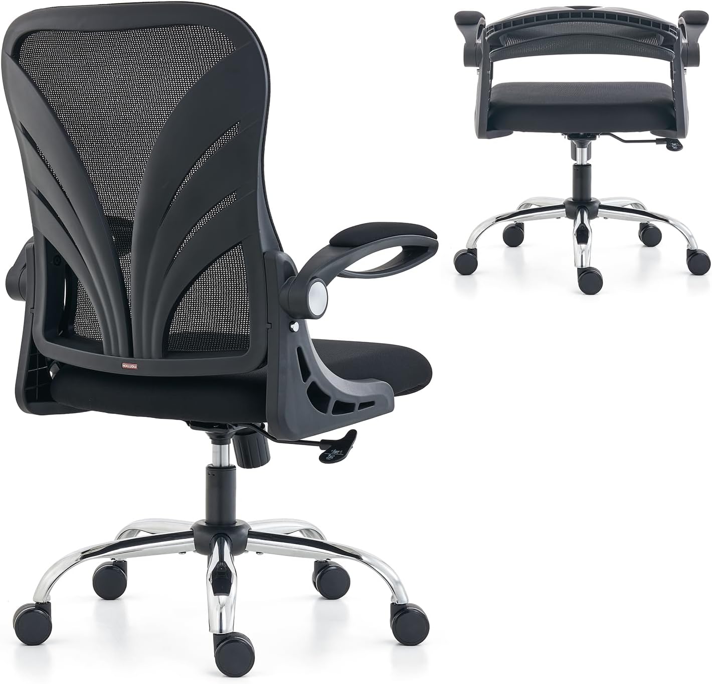 HOLLUDLE Ergonomische bureaustoel met opvouwbare rugleuning, computerbureaustoel met verbrede zitting (52 cm), opklapbare armleuningen, mesh lendensteun en kantelfunctie, zwart