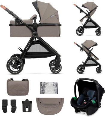 Kinderkraft ESME Mink Pro I-Size 3-in-1 autostoel met draagzak, reissysteem, babybuggy, opvouwbare kinderwagen, voor pasgeborenen tot 4 jaar, beige