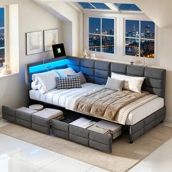Gestoffeerd bed, slaapbank, dagbed met led-opbergvak, tienerbed, dagbed 90 x 200 eenpersoonsbed met lattenbodem en 2 laden, kinderbed, sofabed, opbergbed, bedframe zonder matras, grijs linnen