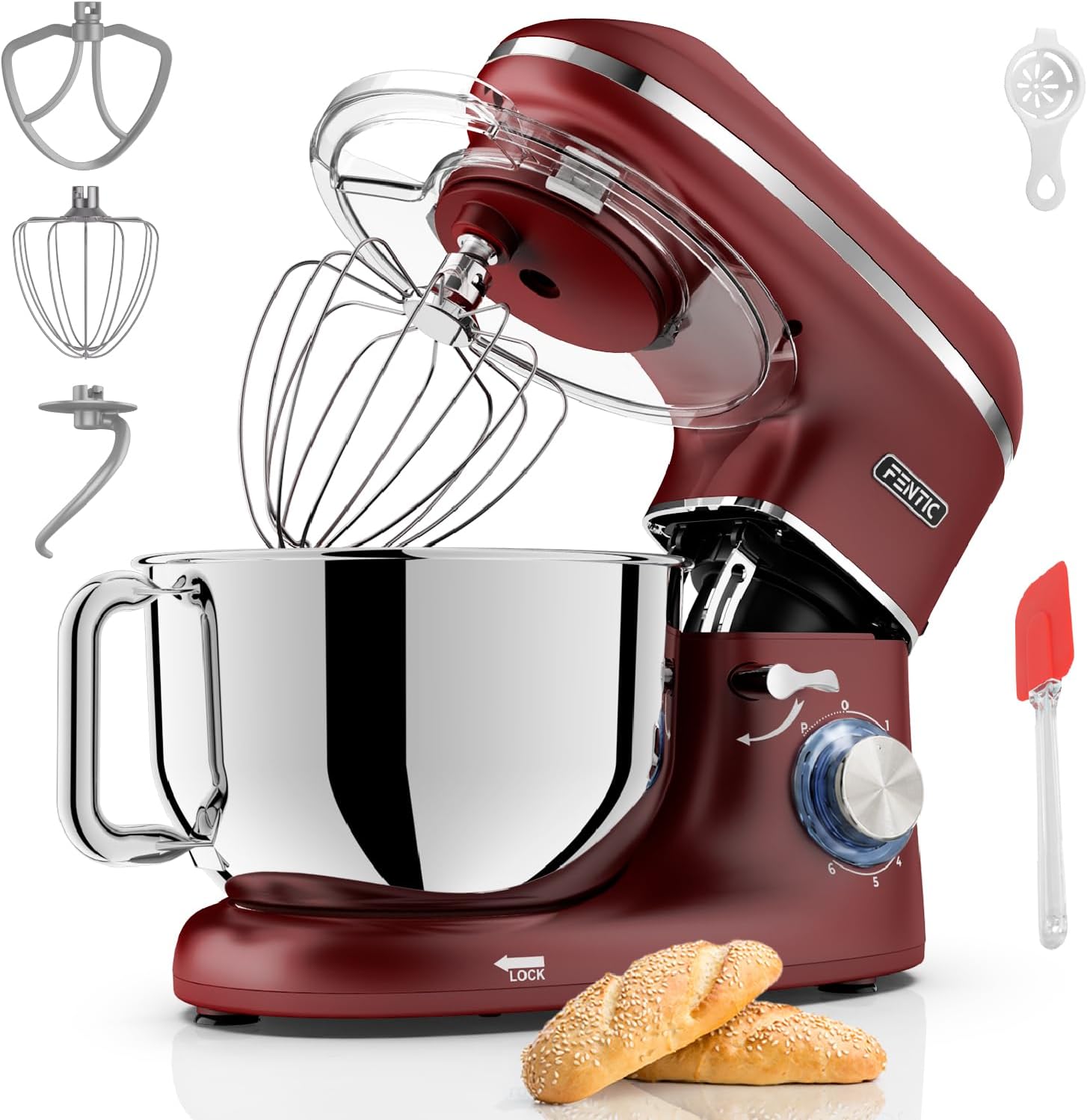 Keukenmachine - 2000W - RVS Mengkom (6,2 L) - Keukenrobot - Mixer met Garde, Deeghaak en Menghaak - Incl. extra Accessoires – Rood