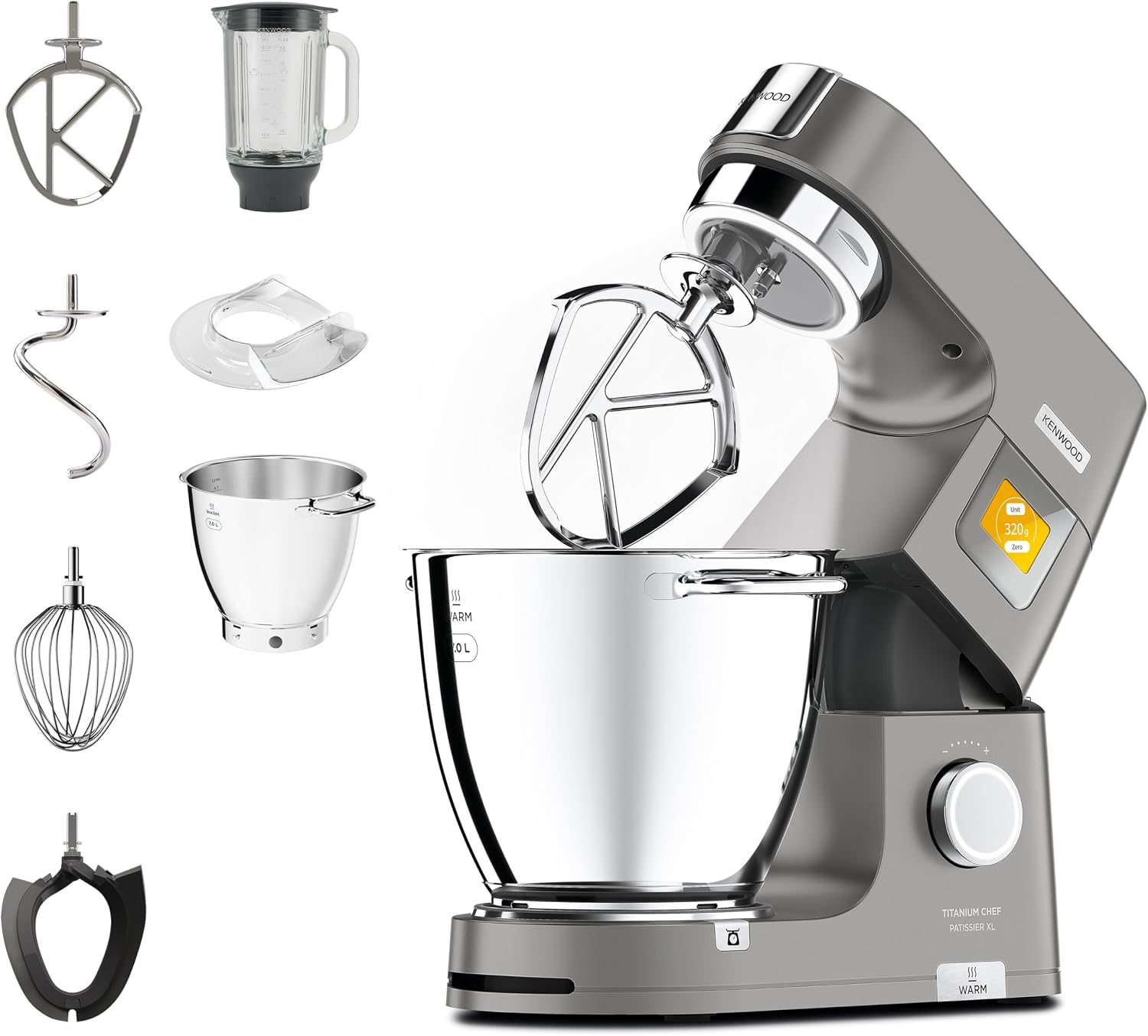 Kenwood Titanium Chef Patissier XL, keukenmachine met 7L EasyWarm kom, ingebouwde weegschaal en blender, 1400 Watt, RVS, KWL90.034SI, Zilverkleur