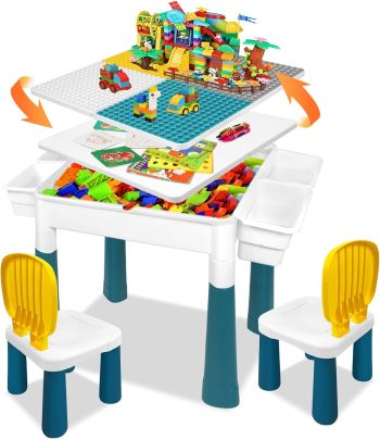 LZQ Kindertafel met stoelen, 6-in-1, multifunctionele bouwstenen, speeltafel met opbergruimte, dubbelzijdig tafelblad, in hoogte verstelbaar, geschikt voor leer- en denkoefeningen van kinderen