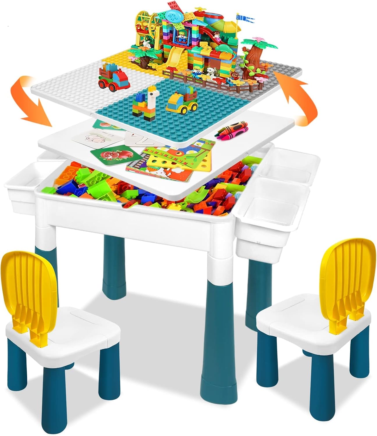 LZQ Kindertafel met stoelen, 6-in-1, multifunctionele bouwstenen, speeltafel met opbergruimte, dubbelzijdig tafelblad, in hoogte verstelbaar, geschikt voor leer- en denkoefeningen van kinderen