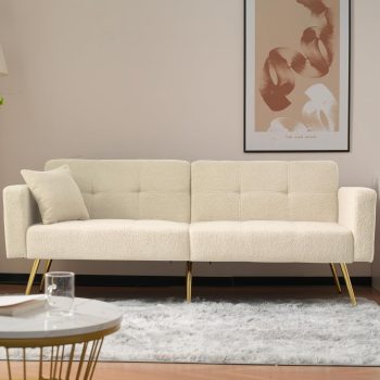 Slaapbank met verstelbare hoeken, gouden poten, kussens en zijzakken voor opbergruimte (Beige)