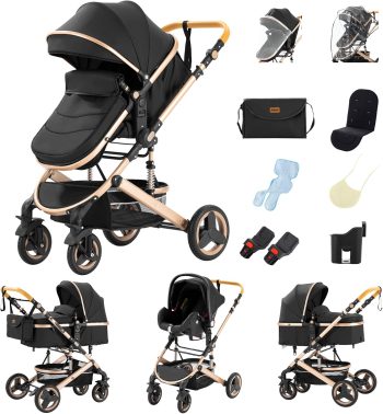GLOKID 3-in-1 kinderwagen, combi-kinderwagen, driewieler, baby, walker, hoge kinderwagen, inklapbaar, trolley, baby, kinderwagen voor 0-36 (530 zwart)