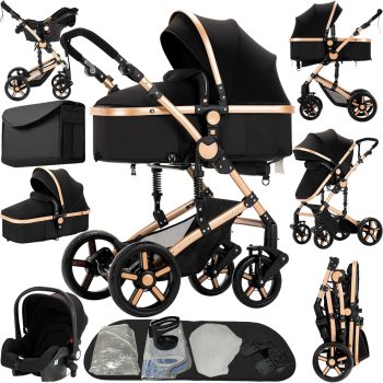 Kinderwagen 3-in-1, buggy met omkeerbare schuifmodi, aluminiumlegering frame, babywagen, 3-in-1 set, één-klik vouwontwerp, hoog landschap (588 zwart goud)