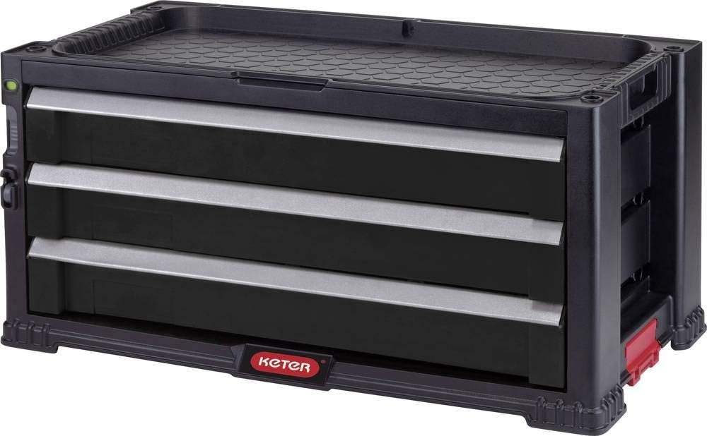 KETER Opzet met 3 laden voor gereedschapswagen, zwart, 56 x 29 x 26,2 cm, modulair, stapelbaar, afsluitbaar, met organizer voor kleine onderdelen