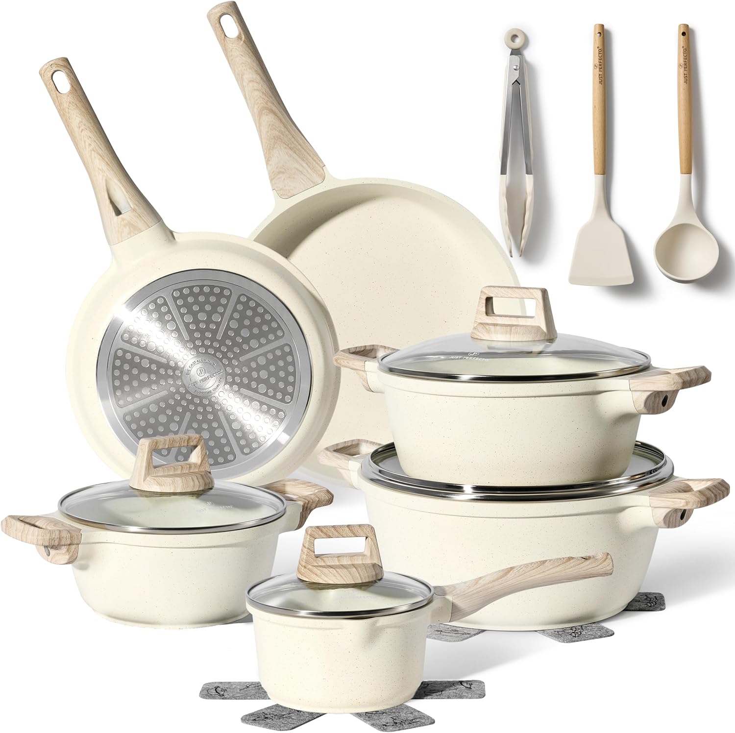 Just Perfecto 15 Delige Pannenset Inductie - Pannenset Met Deksel Voor Alle Waarmtebronnen - Non-Stick Pannen - Glazen Deksel - Anti-Aanbak Kookpannenset - Pannen Zonder PFOA - PFAS