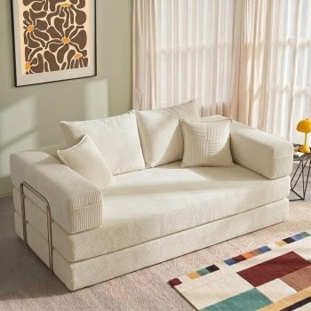 YINIX Opklapbare slaapbank 200 cm Super King Size, omkeerbare modulaire slaapbank, corduroy boneloos bankje met metalen frame, 3-zits vloerfuton matras, antislip basis, wasbare hoes