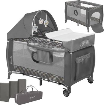 LIONELO Sven Plus Reisbedje 4-in-1, Verschoontafel, Speelboog, Matras