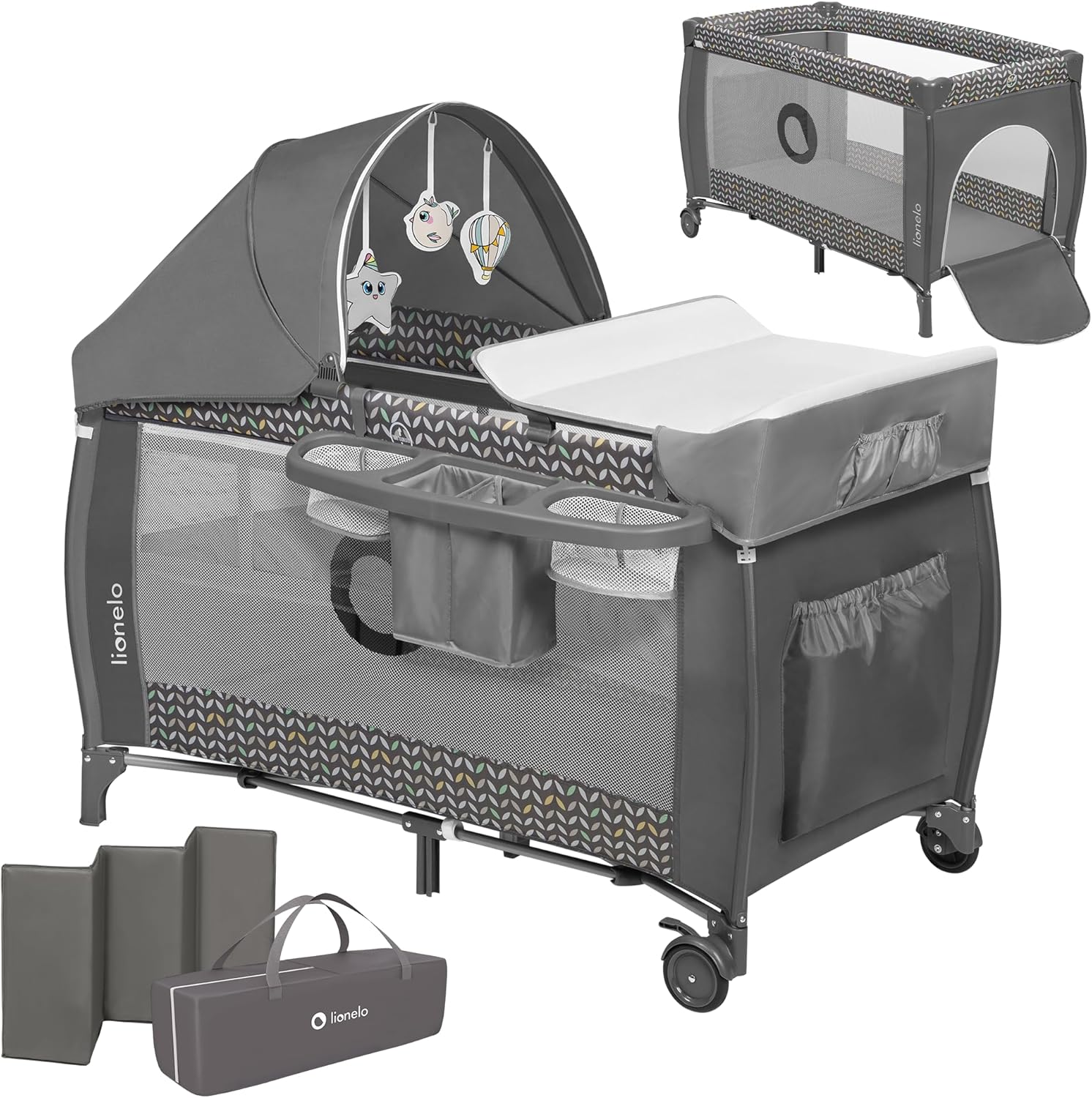 LIONELO Sven Plus Reisbedje 4-in-1, Verschoontafel, Speelboog, Matras