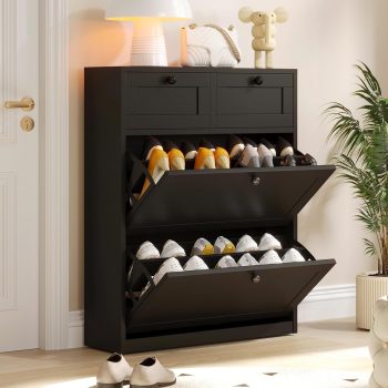 VOWNER Schoenenkast met 2 kleppen, schoenenrek schoenkipper smal, schoenenkast zwart, schoenenplank verstelbaar, met lade, 80 x 24 x 100 cm, voor de entree, gang